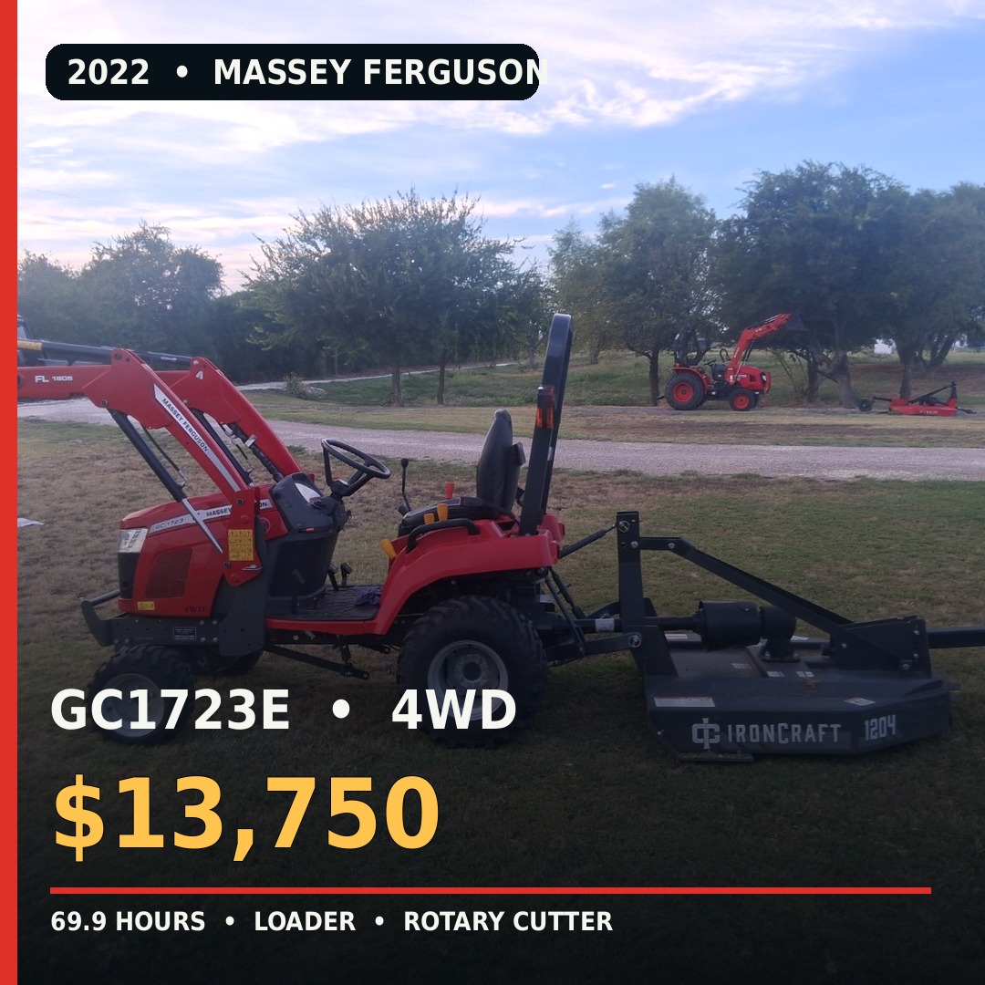 2022 Massey Ferguson GC1723E 4WD tractor with front loader and IronCraft rotary cutter, asking price $13,750